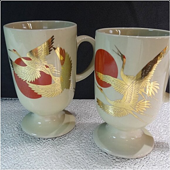 1970s Vintage Takahashi Porcelain 22kt Gold Crane Red Sun Mugs Pair - Picture 1 of 8